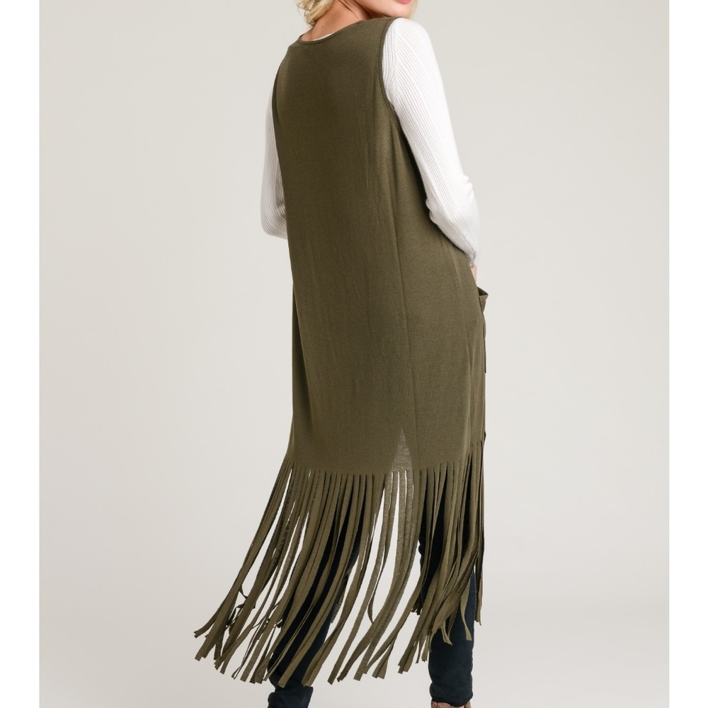 Long Fringe Vest Duster Front Pockets New Olive - Picture 5 of 8